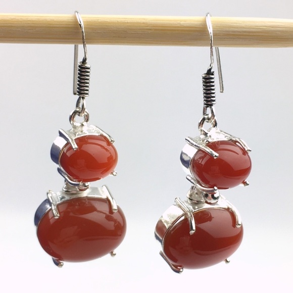 New Carnelian Prong Set Cabochon Stone Silver Hook Earrings - Picture 2 of 6